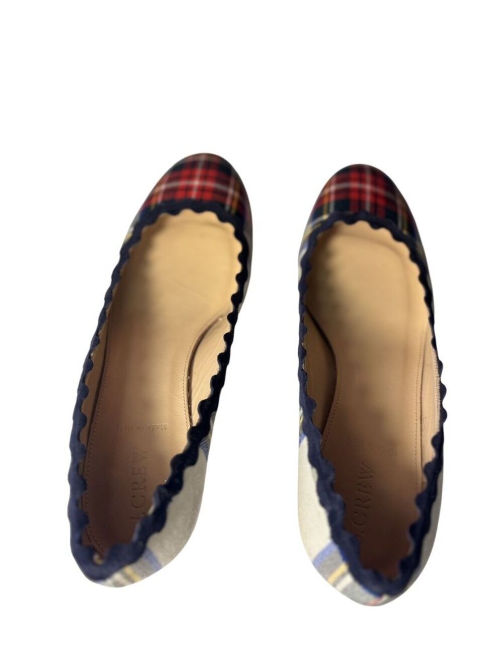 Plaid Scalloped Ballet Flats With Block Heel By J.Crew Size 8.5 Red/Navy Multi - Picture 9 of 10